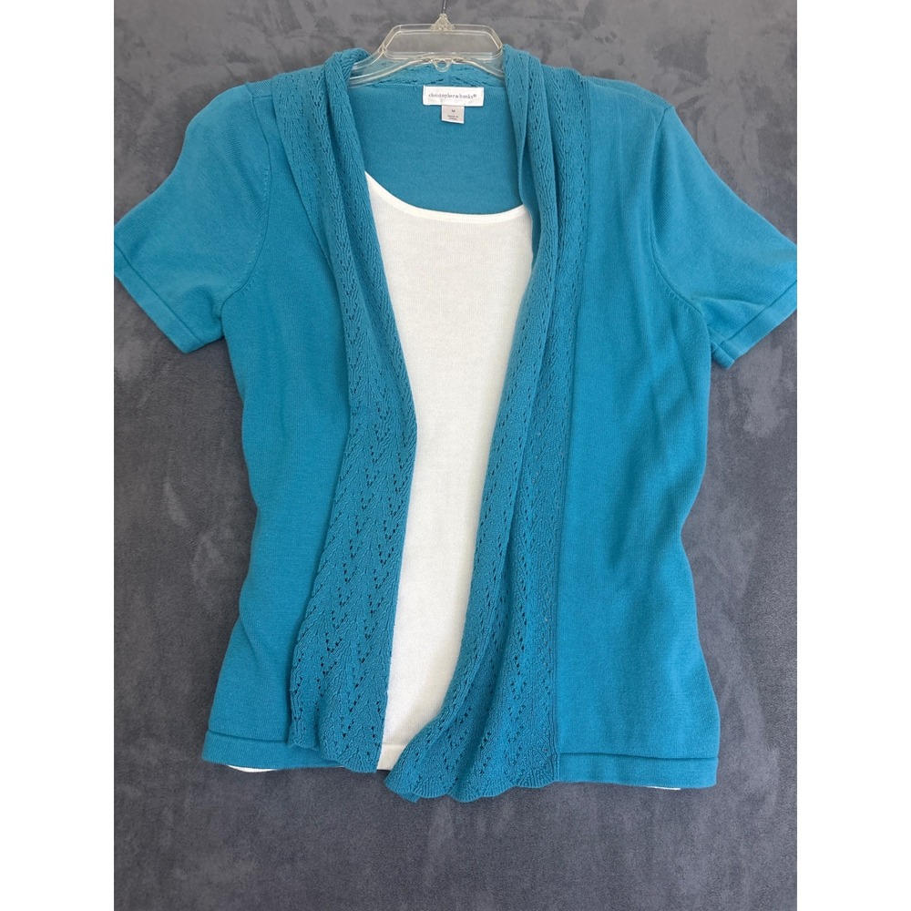 Teal Blue Pointelle Open Front Short Sleeve Sweater Size M